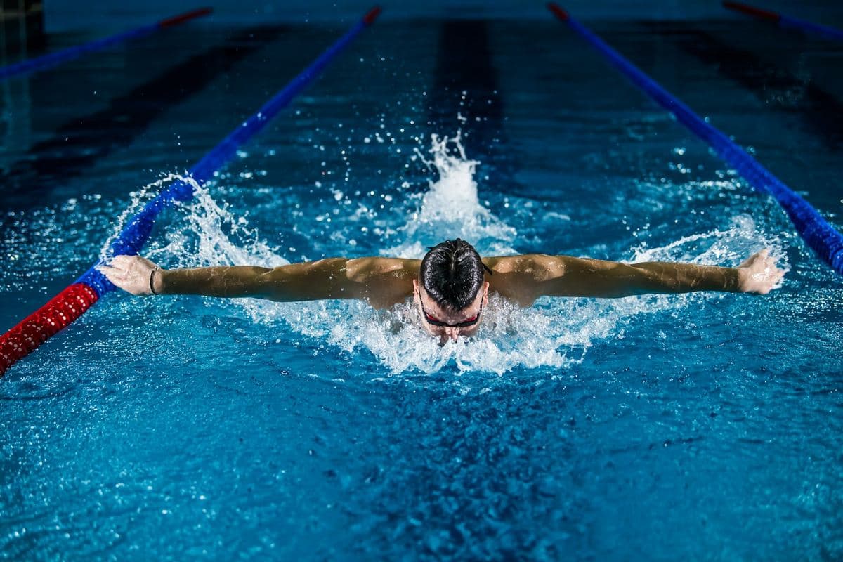 A swimmer doing butterfly stroke in a pool lane